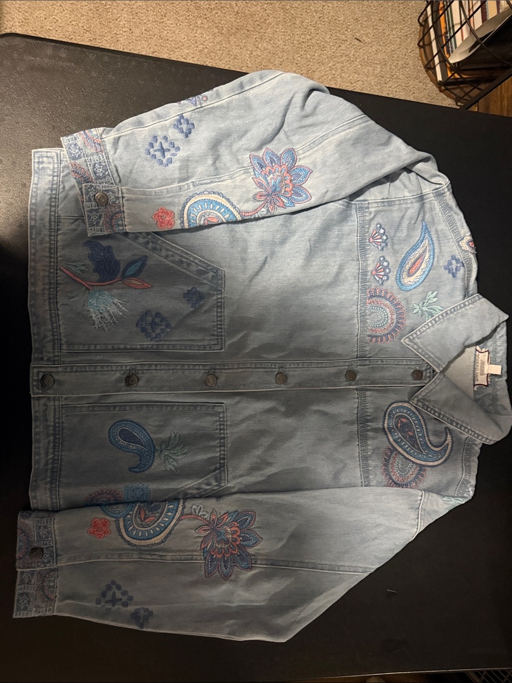 Johnny Was Embroidered Light Wash Denim Jacket - Floral Paisley Accents